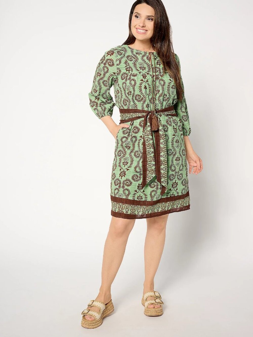 Studio Park X Amy Stran Regular Border Print Dress, Green Sz M a67382